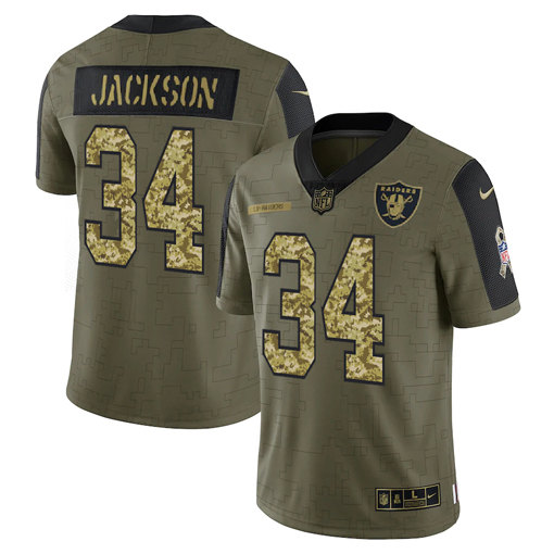 Men's Las Vegas Raiders #34 Bo Jackson 2021 Olive Camo Salute To Service Limited Stitched Jersey