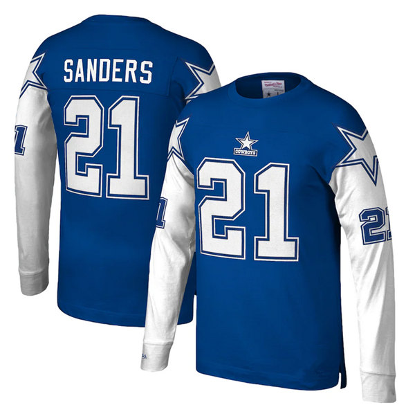 Men's Dallas Cowboys #21 Deion Sanders Royal Mitchell & Ness Throwback Long Sleeve Stitched Jersey - Click Image to Close