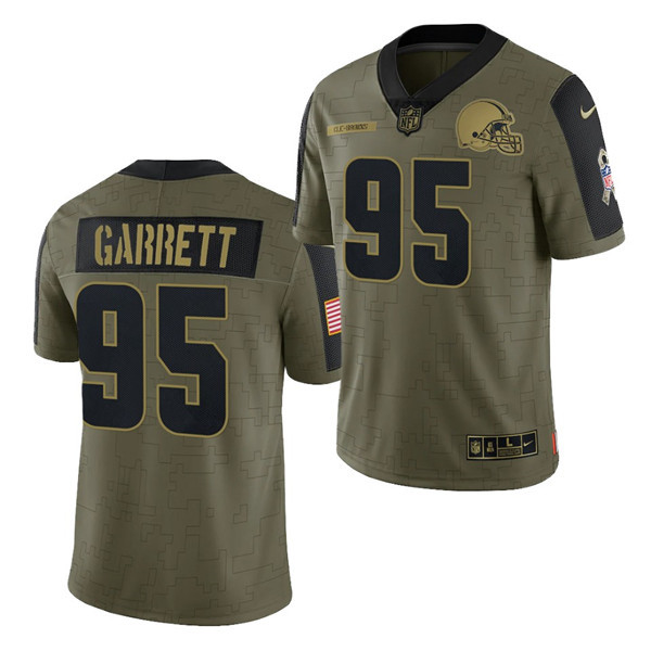 Men's Cleveland Browns #95 Myles Garrett 2021 Olive Salute To Service Limited Stitched Jersey