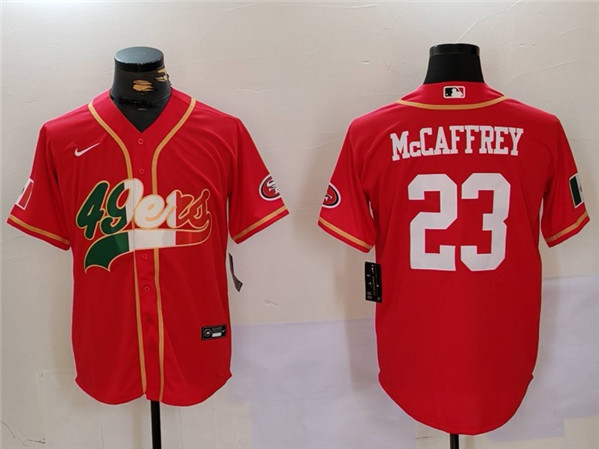 Men's San Francisco 49ers #23 Christian McCaffrey Red Mexico With Patch Stitched Baseball Jersey