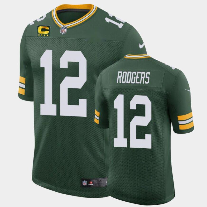 Men's Green Bay Packers #12 Aaron Rodgers Green with C Patch Classic Stitched Jersey - Click Image to Close