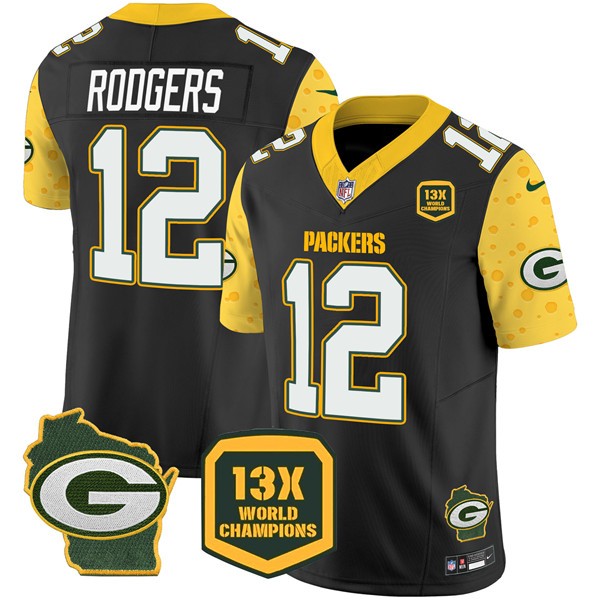 Men's Green Bay Packers #12 Aaron Rodgers Black 2024 F.U.S.E. 13 Time World Champions And Home Patch Vapor Untouchable Limited Football Stitched Jersey