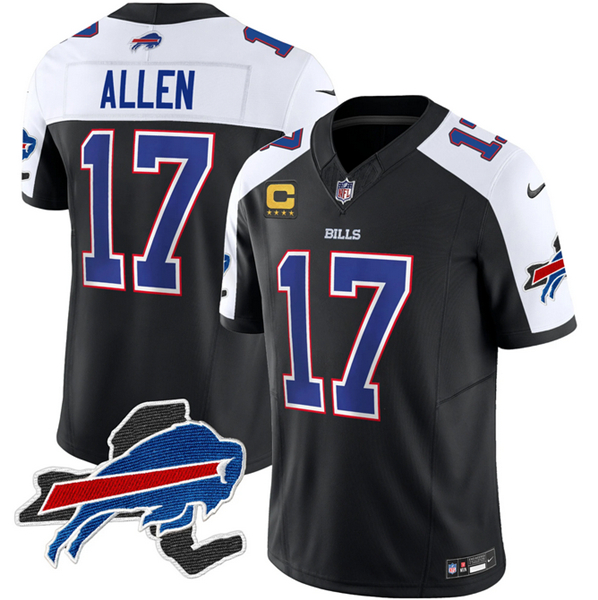 Men's Buffalo Bills #17 Josh Allen Black/White 2023 F.U.S.E. New York Patch and 4-Star C Patch Vapor Untouchable Limited Football Stitched Jersey - Click Image to Close