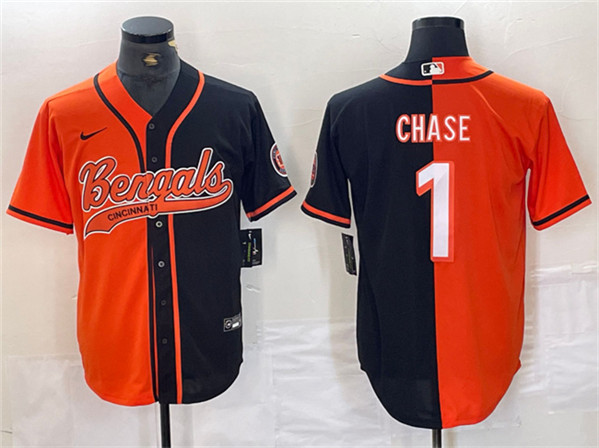 Men's Cincinnati Bengals #1 Ja'Marr Chase Black/Orange Split With Patch Cool Base Stitched Jersey - Click Image to Close