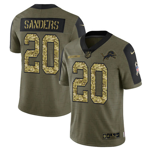 Men's Detroit Lions #20 Barry Sanders 2021 Olive Camo Salute To Service Limited Stitched Jersey - Click Image to Close