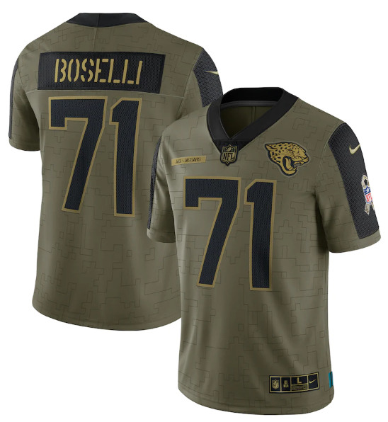 Men's Jacksonville Jaguars #71 Tony Boselli 2021 Olive Salute To Service Limited Stitched Jersey - Click Image to Close