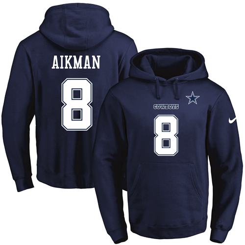 Nike Cowboys #8 Troy Aikman Navy Blue Name & Number Pullover NFL Hoodie - Click Image to Close