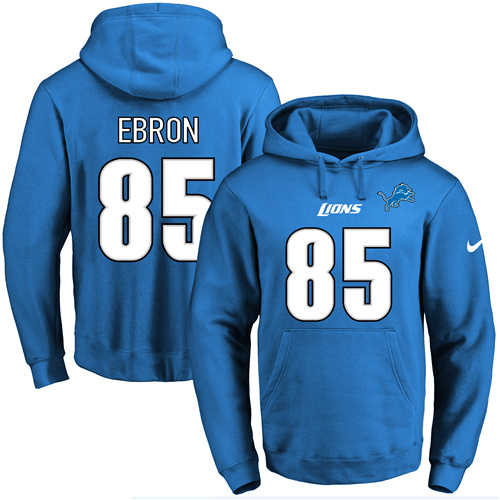 Nike Lions #85 Eric Ebron Blue Name & Number Pullover NFL Hoodie - Click Image to Close