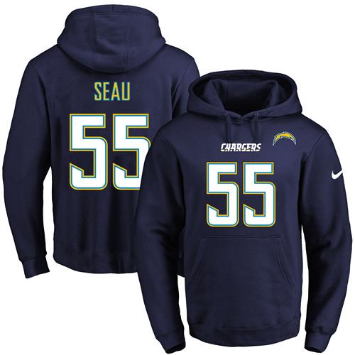 Nike Chargers #55 Junior Seau Navy Blue Name & Number Pullover NFL Hoodie - Click Image to Close