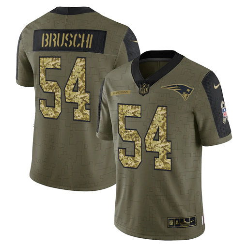 Men's New England Patriots #54 Tedy Bruschi 2021 Olive Camo Salute To Service Limited Stitched Jersey - Click Image to Close