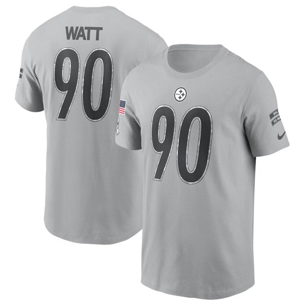 Men's Pittsburgh Steelers #90 T.J. Watt 2024 Gray Salute To Service Name & Number T-Shirt