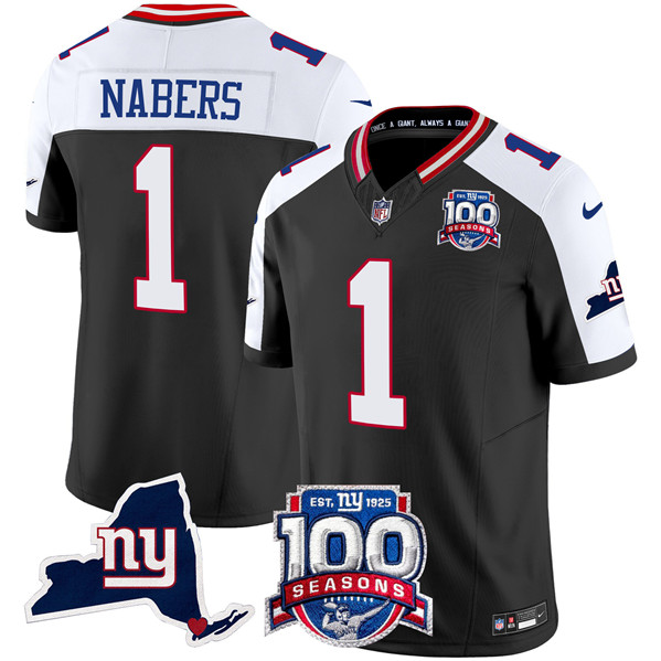 Men's New York Giants #1 Malik Nabers Black 2024 F.U.S.E. 100th Season And State Patch Vapor Limited Alternate Football Stitched Jersey - Click Image to Close