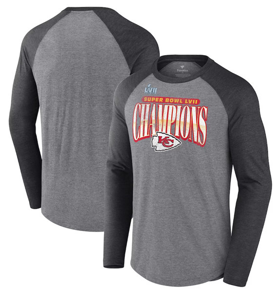 Men??s Kansas City Chiefs Gray/Charcoal Super Bowl LVII Champions Rewrite History Raglan Long Sleeve T-Shirt