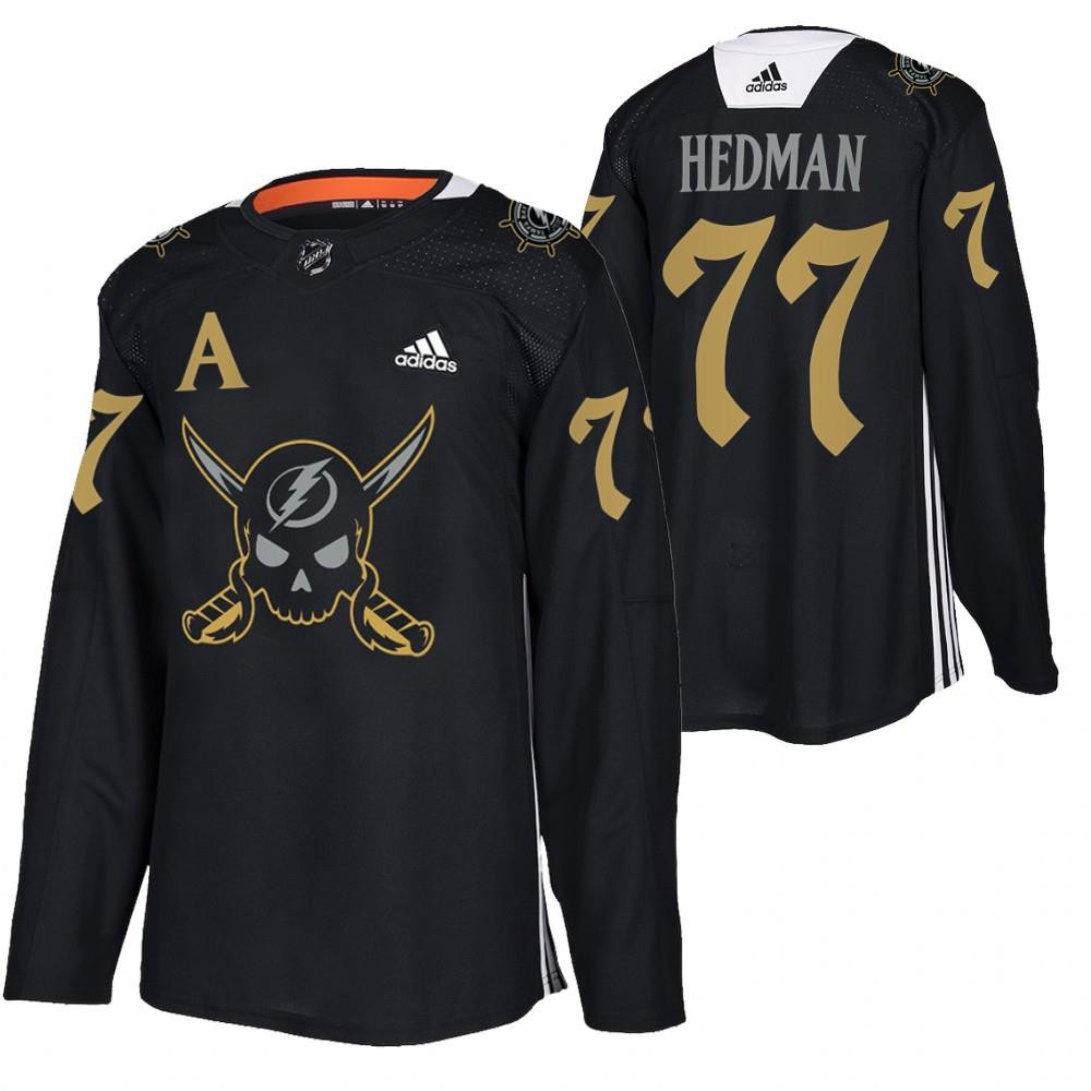 Men's Tampa Bay Lightning #77 Victor Hedman Black Gasparilla Inspired Pirate-Themed Warmup Stitched Jersey - Click Image to Close