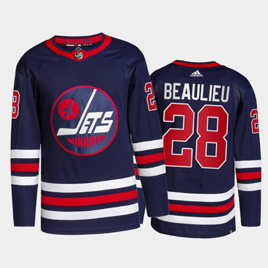 Men's Winnipeg Jets #28 Nathan Beaulieu 2021/22 Navy Stitched Jersey - Click Image to Close