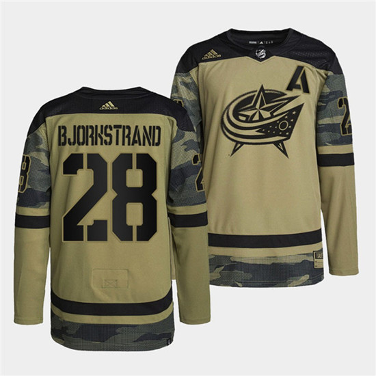 Men's Columbus Blue Jackets #28 Oliver Bjorkstrand 2022 Camo Military Appreciation Night Stitched Jersey - Click Image to Close