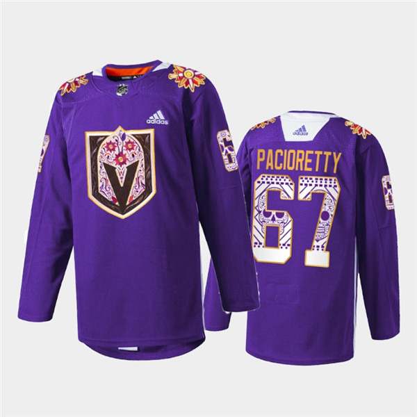 Men's Vegas Golden Knights #67 Max Pacioretty Purple Hispanic Heritage Warmup Stitched Jersey - Click Image to Close