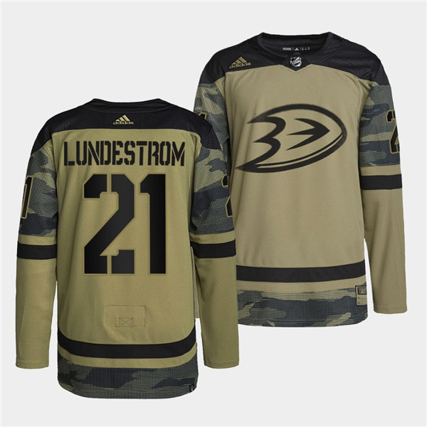 Men's Anaheim Ducks #21 Isac Lundestrom 2022 Camo Military Appreciation Night Stitched Jersey - Click Image to Close