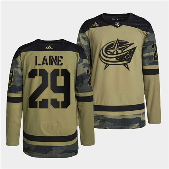 Men's Columbus Blue Jackets #29 Patrik Laine 2022 Camo Military Appreciation Night Stitched Jersey - Click Image to Close