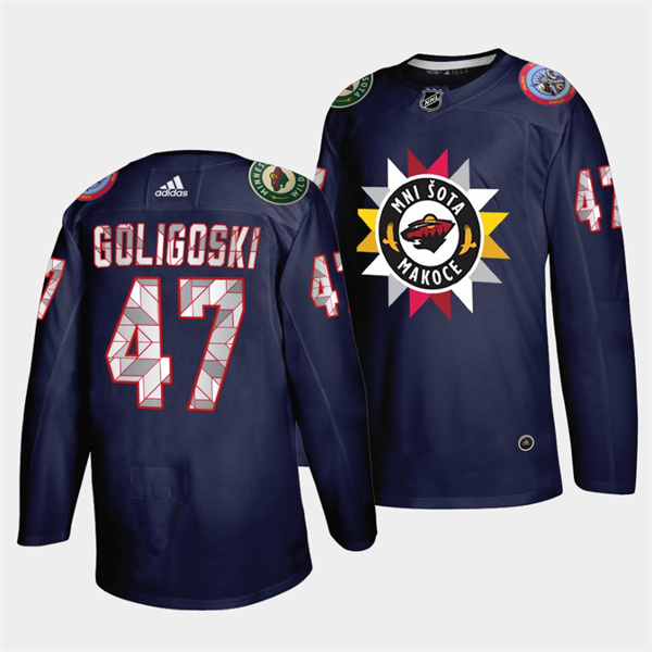 Men's Minnesota Wild #47 Alex Goligoski 2021/22 Navy Native American Heritage Day Stitched Jersey