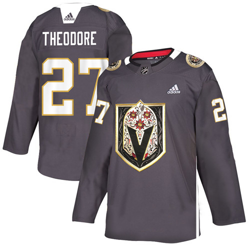 Men's Vegas Golden Knights #27 Shea Theodore Grey Latino Heritage Night Stitched NHL Jersey - Click Image to Close