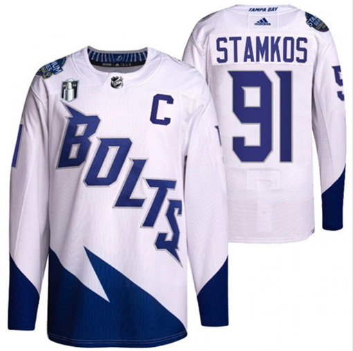 Men's Tampa Bay Lightning #91 Steven Stamkos 2022 White Stanley Cup Final Patch Breakaway Stitched Jersey - Click Image to Close