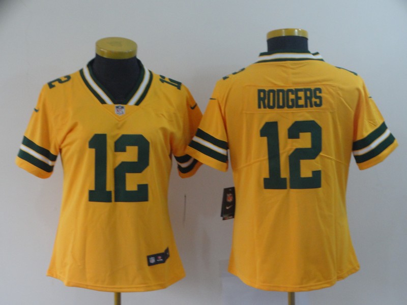 Women's Green Bay Packers #12 Aaron Rodgers Gold Inverted Legend Stitched NFL Jersey(Run Small) - Click Image to Close