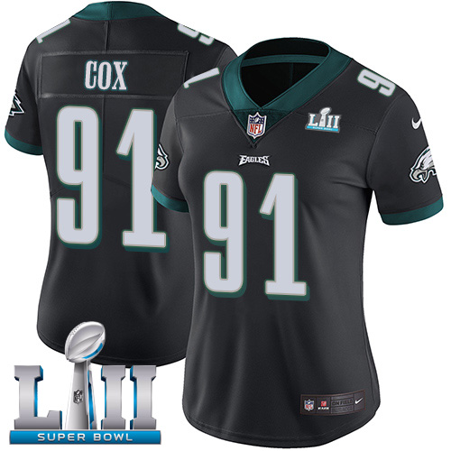 Women's Philadelphia Eagles #91 Fletcher Cox Black Super Bowl LII Bound Patch Game Event Stitched NFL Jersey