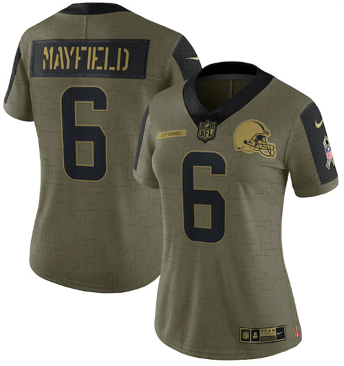 Women's Cleveland Browns #6 Baker Mayfield 2021 Olive Salute To Service Limited Stitched Jersey(Run Small) - Click Image to Close