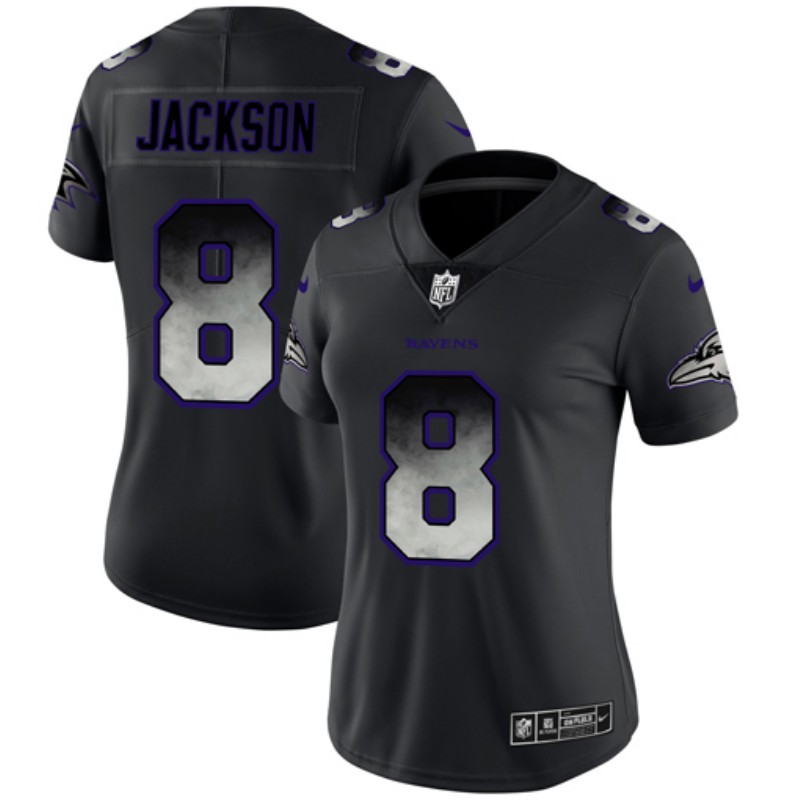 Women's Baltimore Ravens #8 Lamar Jackson Black 2019 Smoke Fashion Limited Stitched NFL Jersey(Run Small) - Click Image to Close