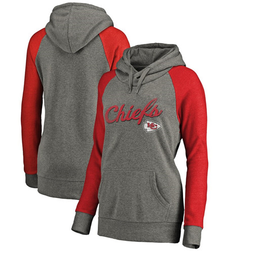 Women's Kansas City Chiefs Grey Timeless Collection Rising Script Tri-Blend Raglan Pullover Hoodie(Run Small) - Click Image to Close