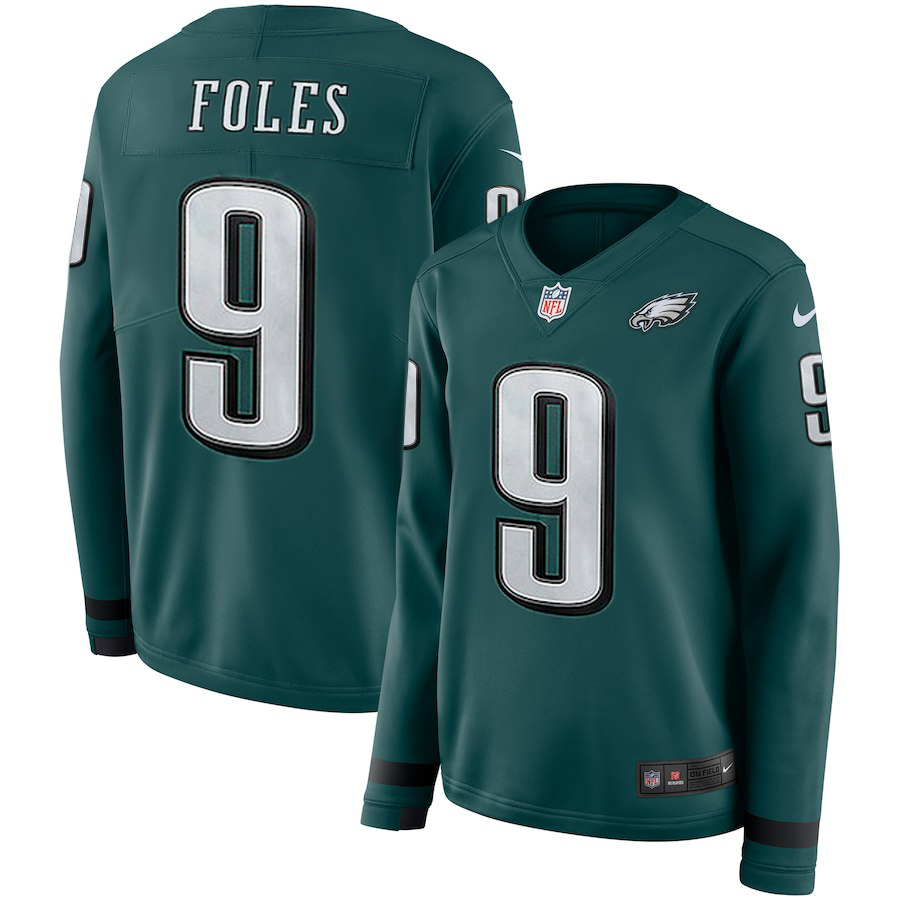 Women's Philadelphia Eagles #9 Nick Foles Green Therma Long Sleeve Stitched NFL Jersey - Click Image to Close