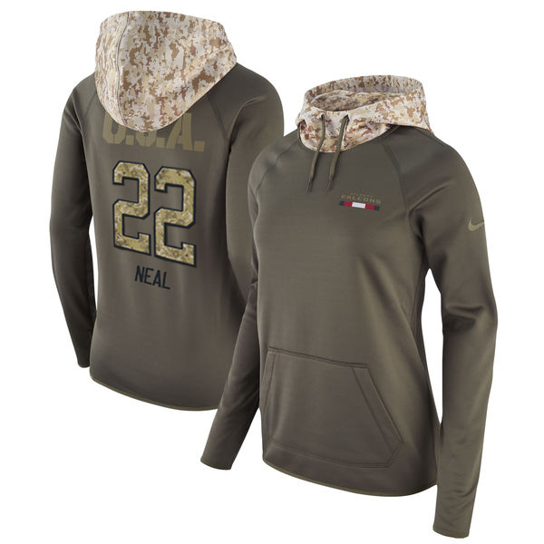 Women's Atlanta Falcons #22 Keanu Neal Olive Salute to Service Sideline Therma Pullover Hoodie - Click Image to Close