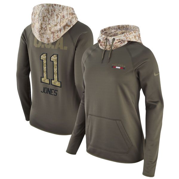 Women's Atlanta Falcons #11 Julio Jones Olive Salute to Service Sideline Therma Pullover Hoodie - Click Image to Close