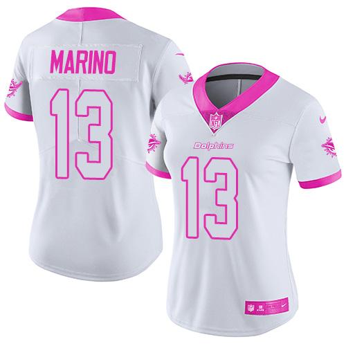 Nike Dolphins #13 Dan Marino White/Pink Women's Stitched NFL Limited Rush Fashion Jersey - Click Image to Close