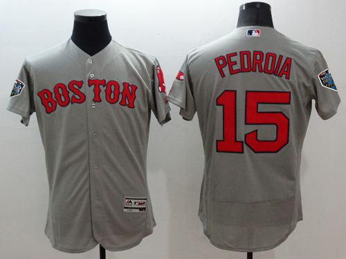 Red Sox #15 Dustin Pedroia Grey Flexbase Authentic Collection 2018 World Series Stitched MLB Jersey - Click Image to Close