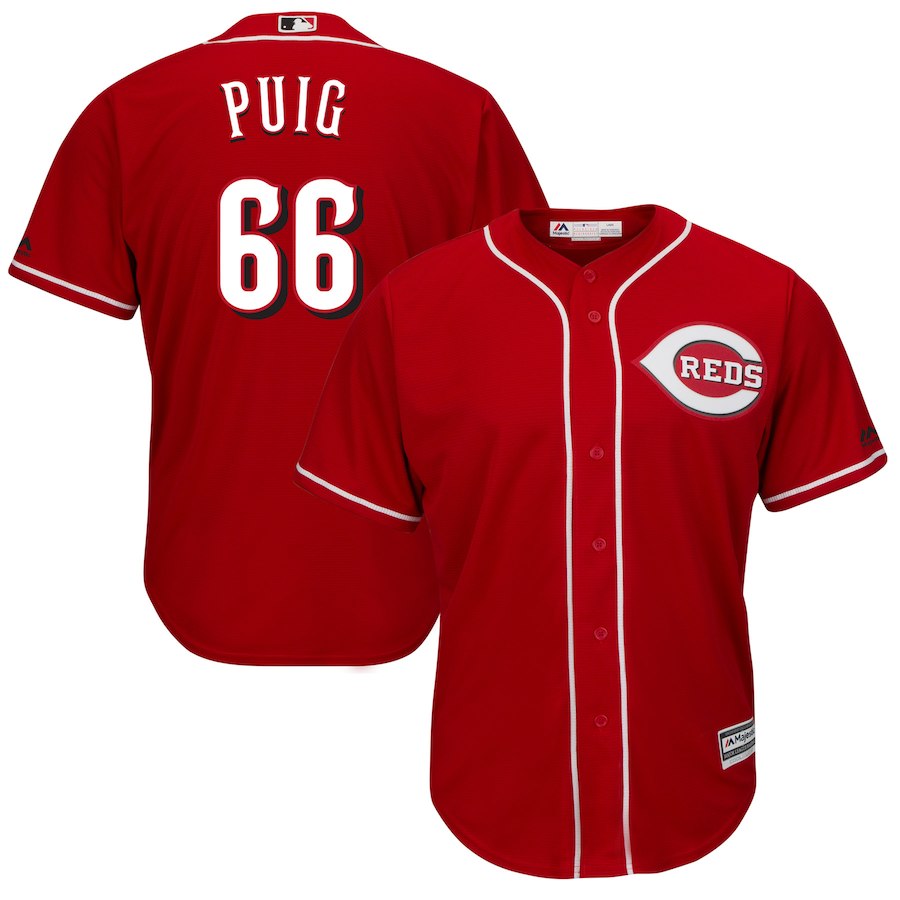 Men's Reds #66 Yasiel Puig Majestic Scarlet Alternate Official Cool Base Player Jersey - Click Image to Close