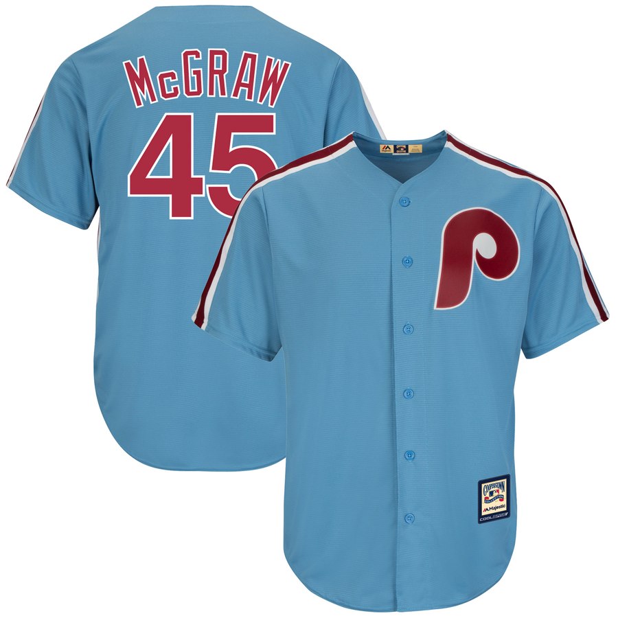 Philadelphia Phillies #45 Tug McGraw Majestic Cooperstown Collection Cool Base Player Jersey Light Blue - Click Image to Close