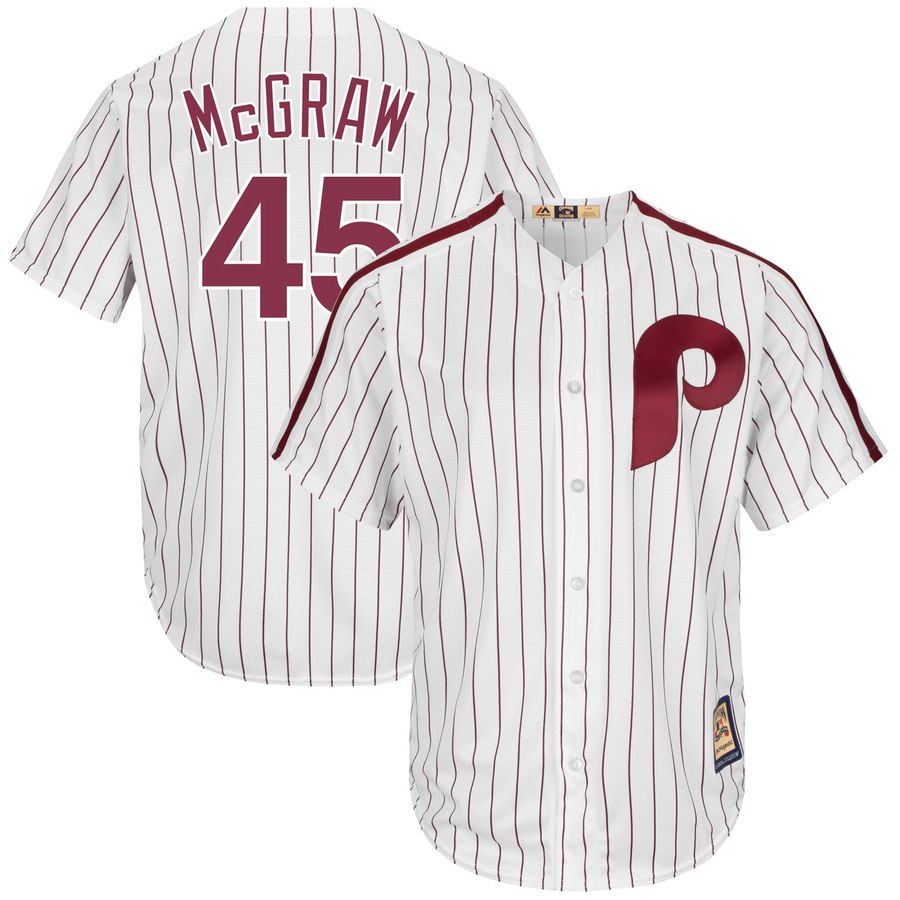 Philadelphia Phillies #45 Tug McGraw Majestic Cooperstown Collection Cool Base Player Jersey White - Click Image to Close