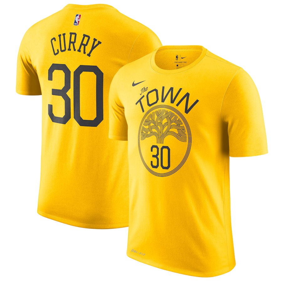 Men's Golden State Warriors #30 Stephen Curry Yellow Nike Earned Edition Name & Number T-Shirt