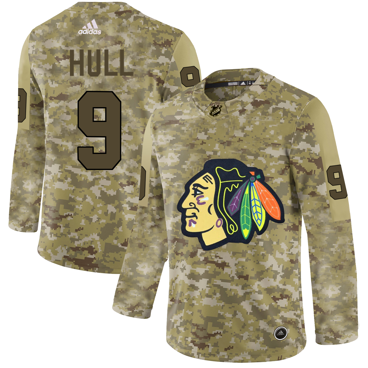 Adidas Blackhawks #9 Bobby Hull Camo Authentic Stitched NHL Jersey - Click Image to Close