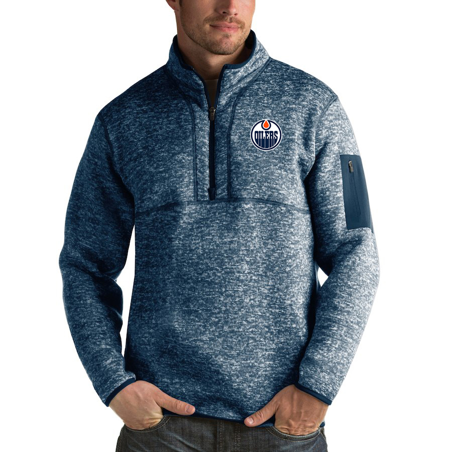 Edmonton Oilers Antigua Fortune Quarter-Zip Pullover Jacket Royal - Click Image to Close