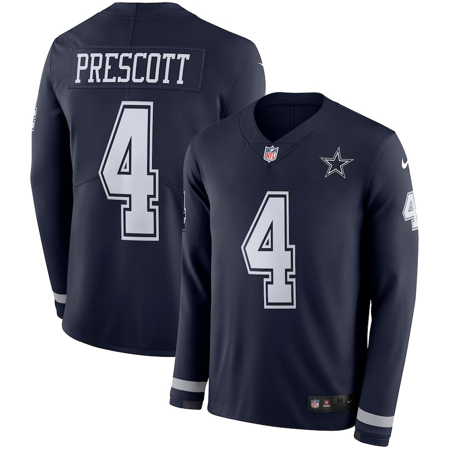 Men's Cowboys #4 Dak Prescott Navy Blue Team Color Men's Stitched NFL Limited Therma Long Sleeve Jersey - Click Image to Close