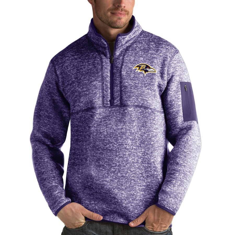 Baltimore Ravens Antigua Fortune Quarter-Zip Pullover Jacket Heather Purple - Click Image to Close