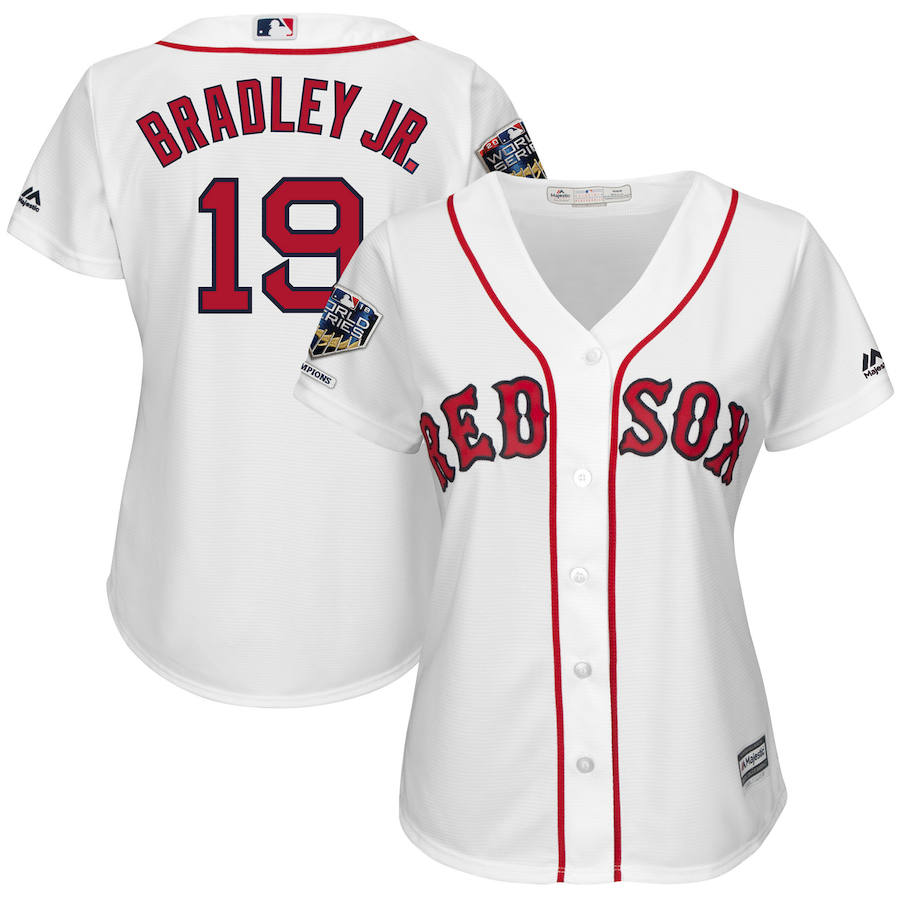 Boston Red Sox #19 Jackie Bradley Jr. Majestic Women's 2018 World Series Champions Home Cool Base Player Jersey White - Click Image to Close