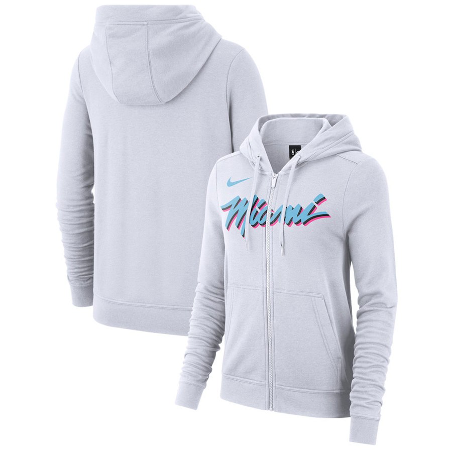 Miami Heat Nike Women's Earned Edition Wordmark Essential Full-Zip Hoodie - White - Click Image to Close