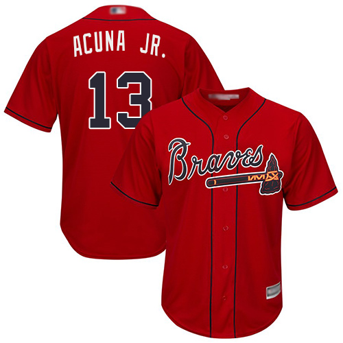 Braves #13 Ronald Acuna Jr. Red New Cool Base Stitched MLB Jersey - Click Image to Close