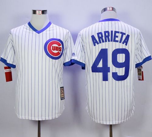 Cubs #49 Jake Arrieta White Strip Home Cooperstown Stitched MLB Jersey