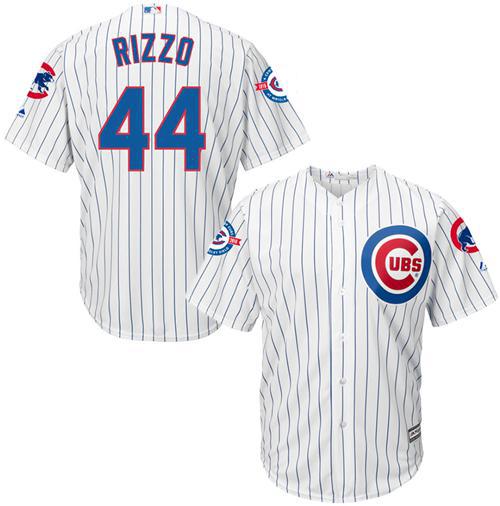 Cubs #44 Anthony Rizzo White Strip New Cool Base with 100 Years at Wrigley Field Commemorative Patch Stitched MLB Jersey - Click Image to Close