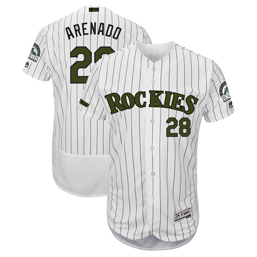 Rockies #28 Nolan Arenado White Strip Flexbase Authentic Collection 2018 Memorial Day Stitched MLB Jersey - Click Image to Close